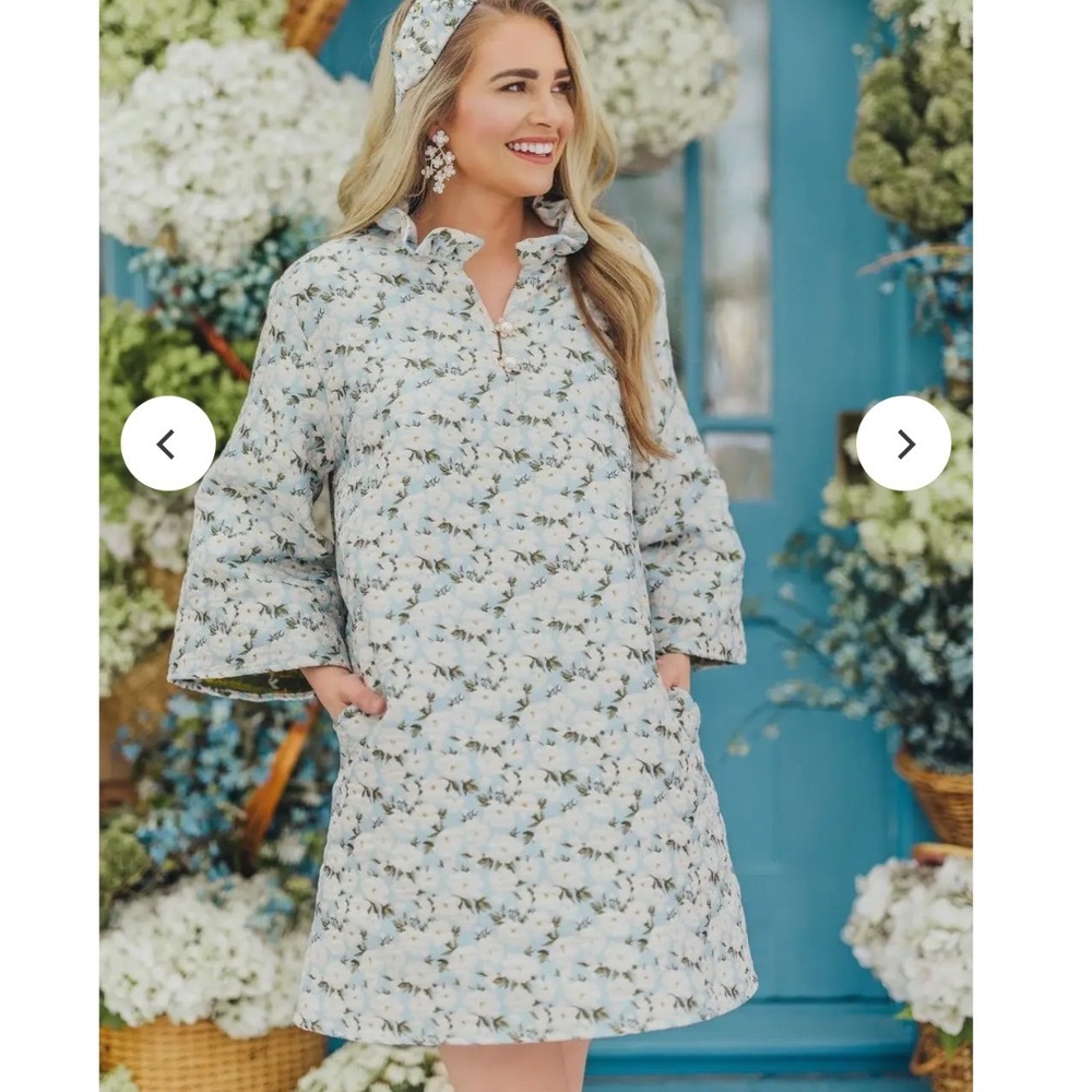 NWT $325 Brianna Cannon caftan Blue Skies Camellia Dress Floral Jacquard S/M